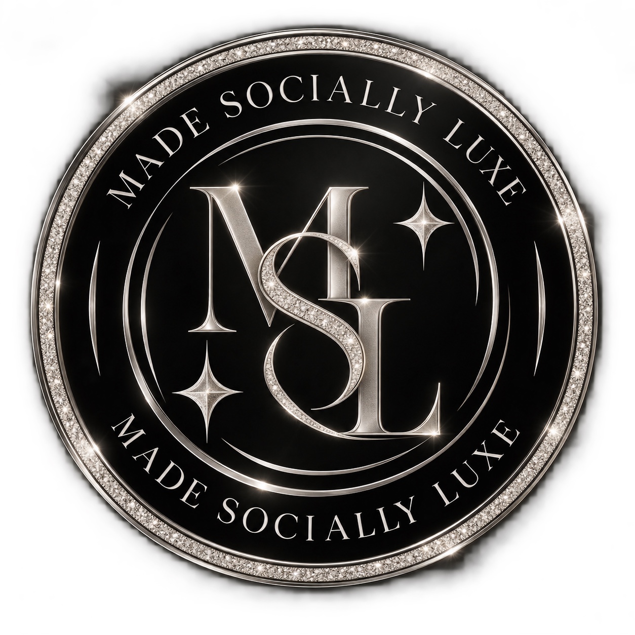 Made Socially Luxe silver MSL monogram with sparkling circular border